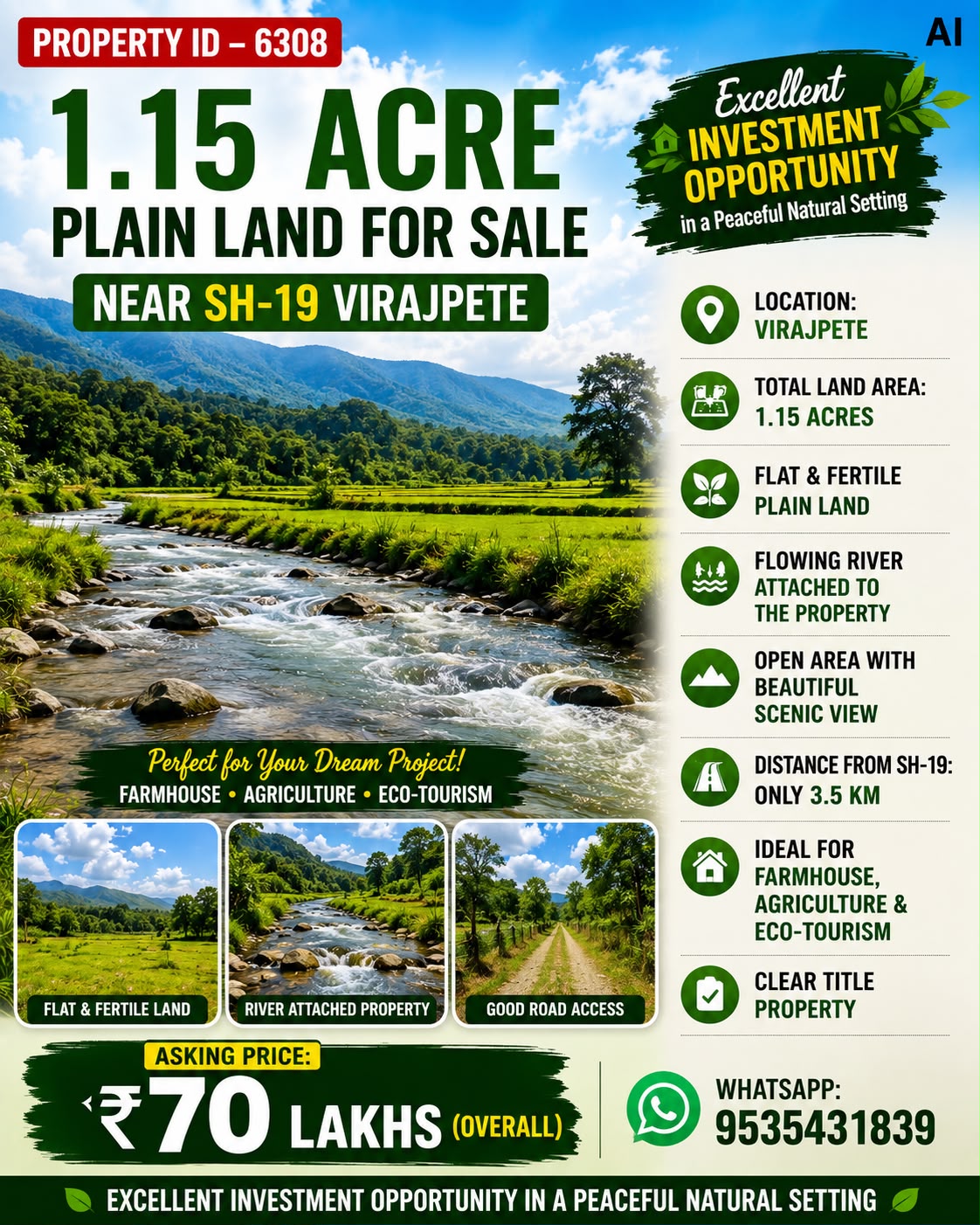 🆔 *PROPERTY ID – 6308* 🌿🏡 *1.15 ACRE PLAIN LAND FOR SALE – NEAR SH-19 VIRAJPETE*
